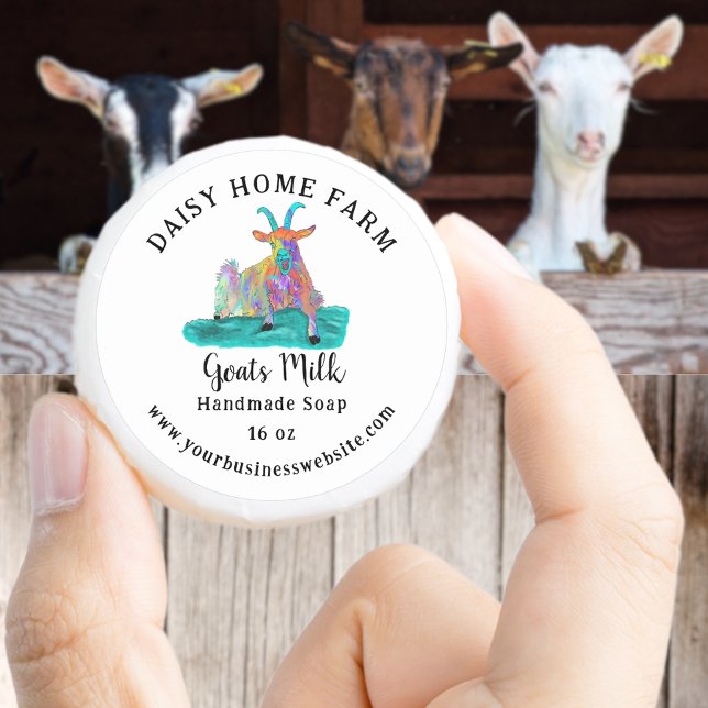 Goats Milk Soap Business Name and Website Classic Round Sticker (Goats milk handmade soap smal business name website produce label with funny screaming goat colorful)