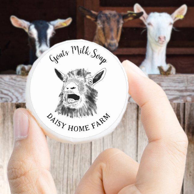 Goats Milk Soap Funny Farm Goat Screaming Classic Round Sticker (Goats milk soap custom black and white small business produce label funny screaming goat drawing)