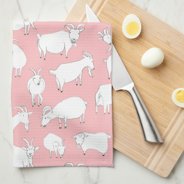 Goats Playing – Pink Kitchen Towel (Quarter Fold)