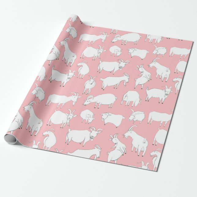 Goats Playing – Pink Wrapping Paper (Unrolled)