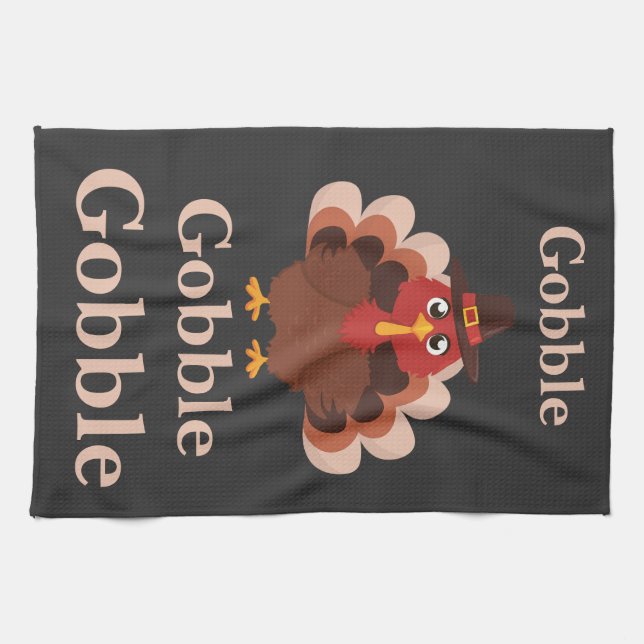 Gobble gobble  Funny  Cute Thanksgiving Turkey  Kitchen Towel (Horizontal)