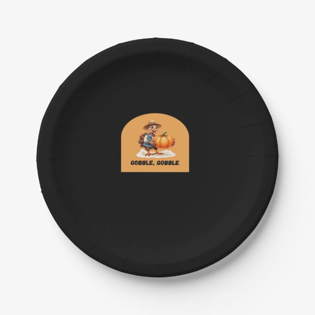 Gobble, Gobble Thanksgiving Turkey with Pumpkin Cl Paper Plate (Front)