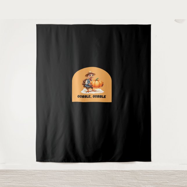 Gobble, Gobble Thanksgiving Turkey with Pumpkin Cl Tapestry (Front)