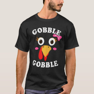 Gobble Gobble Turkey Face Girl Pink Bow Kids Thank T-Shirt