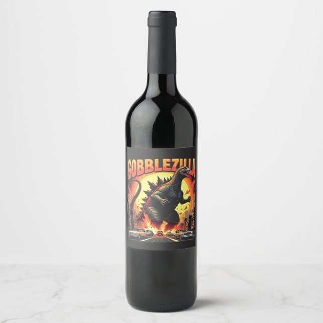 Gobblezilla Spooky Turkey Thanksgiving Gobble Wine Label (Front)