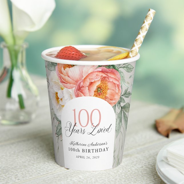 Gobelets En Papier 100 Ans Feminine Floral Aimé 100e Anniversaire (Créateur téléchargé)