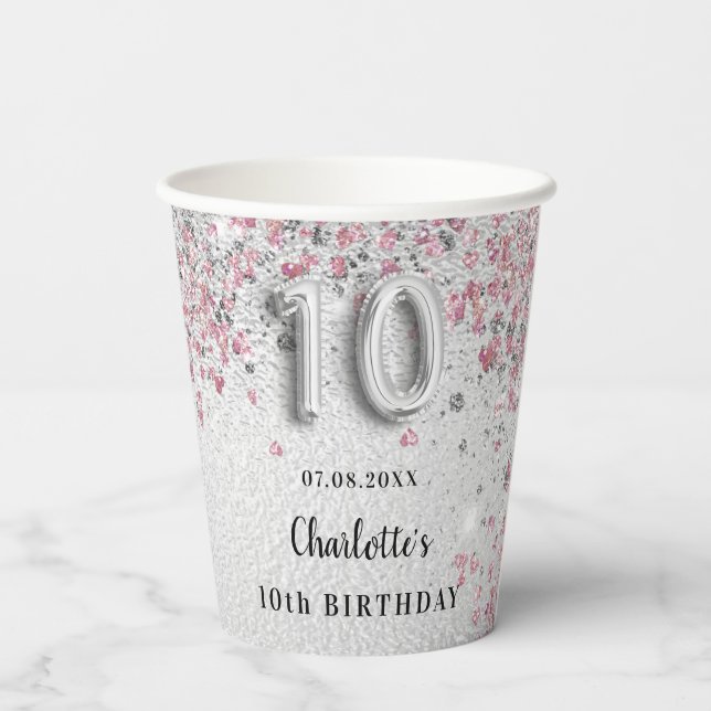 Gobelets En Papier 10e anniversaire argent rose parties scintillant m (Verso)