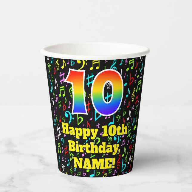 Gobelets En Papier 10e anniversaire : Fun Music Notes Motif, Rainbow  (Recto)