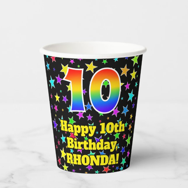 Gobelets En Papier 10e anniversaire : Fun Stars Motif et Rainbow 10 (Recto)