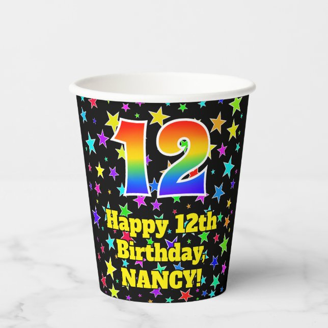 Gobelets En Papier 12e anniversaire : Fun Stars Motif et Rainbow 12 (Recto)