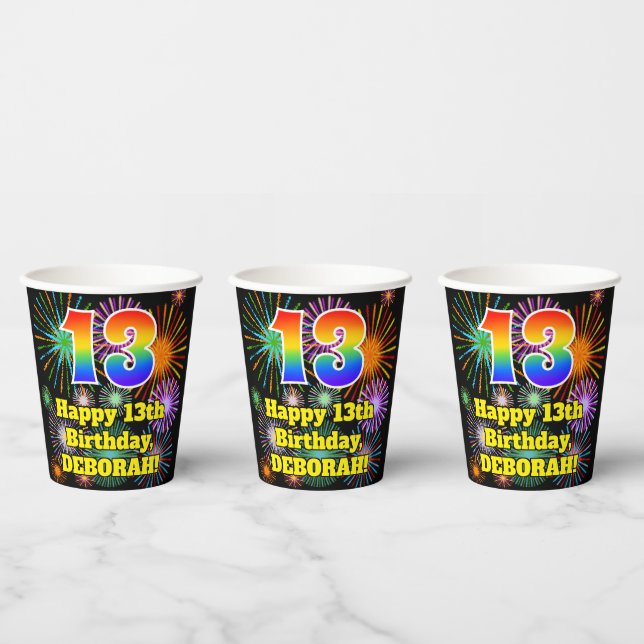 Gobelets En Papier 13ème anniversaire : Fun Fireworks Motif + Rainbow (Multi)
