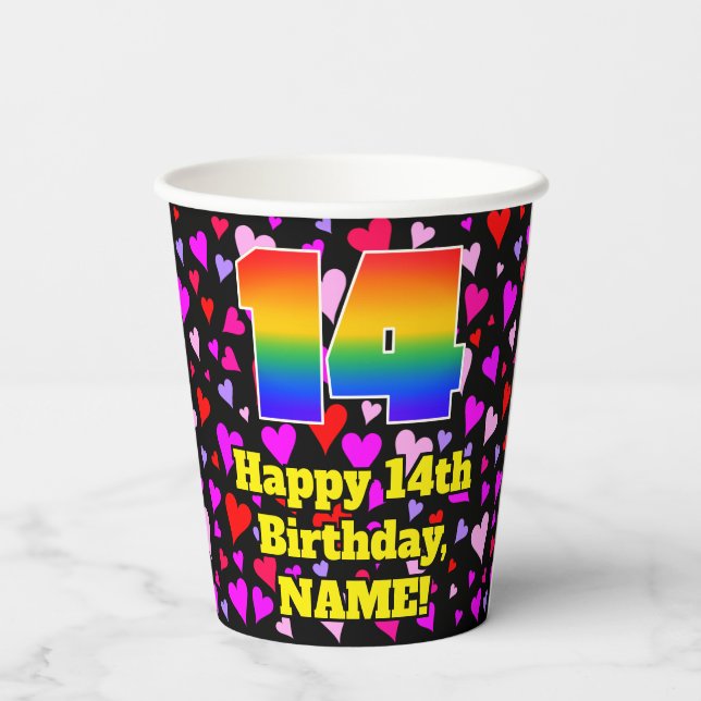 Gobelets En Papier 14e Birthday: Patters de Loving Hearts, Rainbow 14 (Verso)