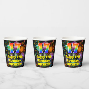 Gobelets En Papier 17ème anniversaire : Fun Fireworks Motif + Rainbow