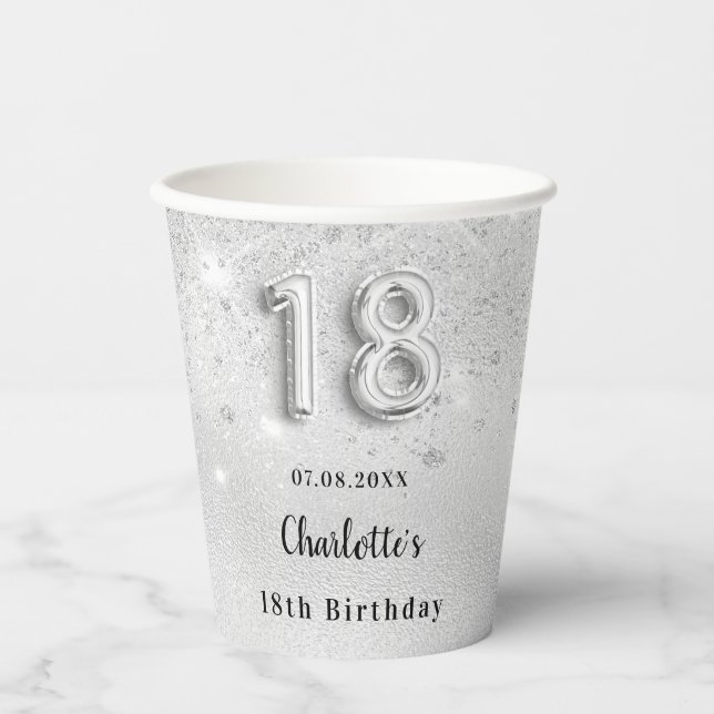 Gobelets En Papier 18e anniversaire argent nom de la parties scintill (Recto)