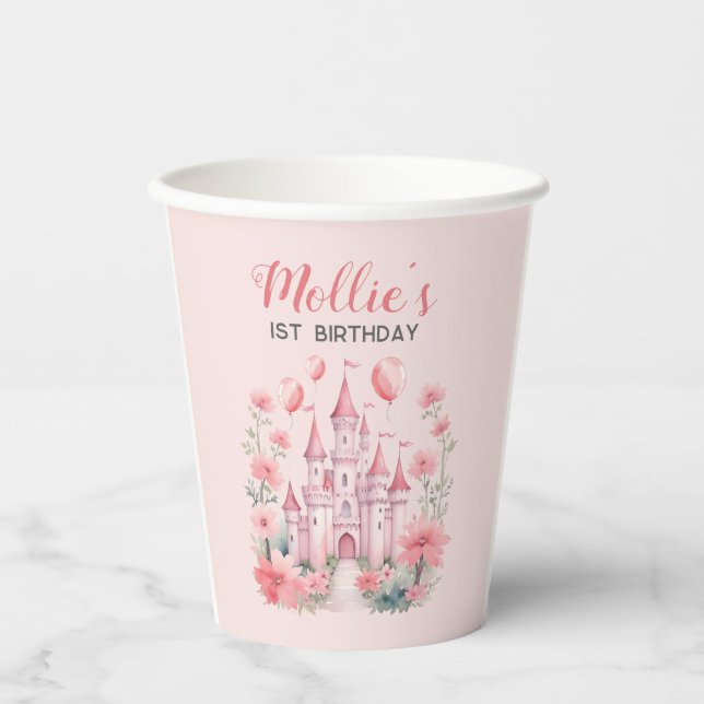 Gobelets En Papier 1er anniversaire de naissance Pink Castle Princess (Recto)