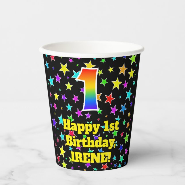 Gobelets En Papier 1er anniversaire : Fun Stars Motif et Rainbow 1 (Recto)