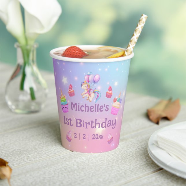 Gobelets En Papier 1er anniversaire licornes cupcakes girly coloré mi (Insitu)