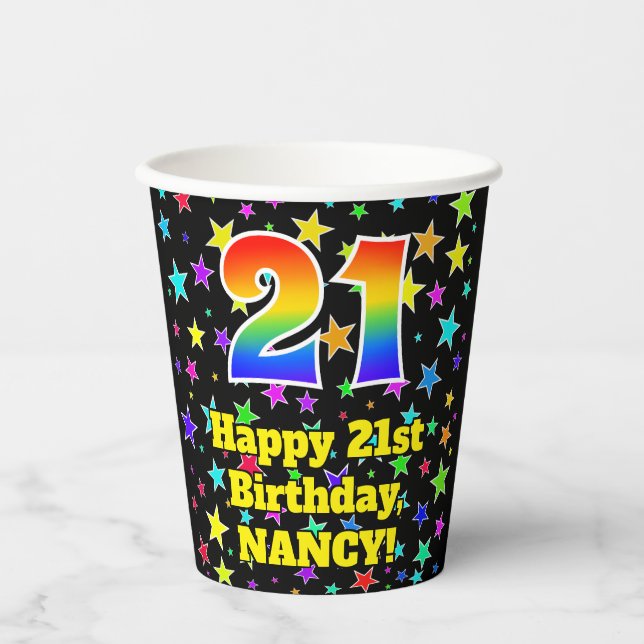 Gobelets En Papier 21e anniversaire : Fun Stars Motif et Rainbow 21 (Recto)