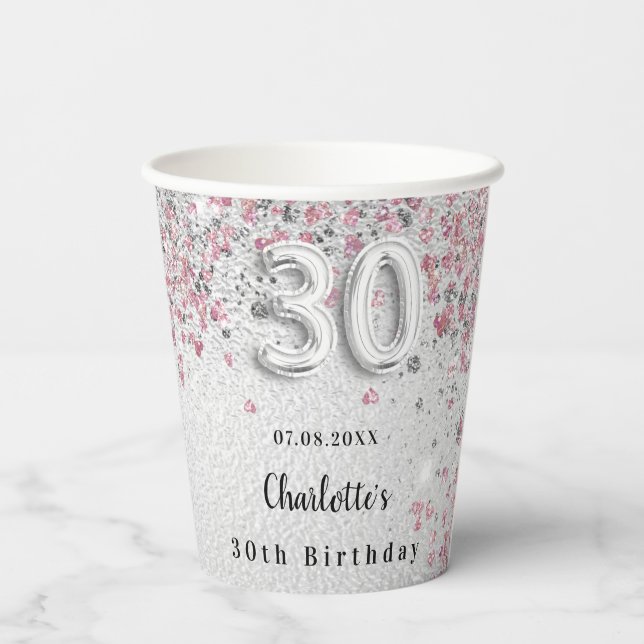 Gobelets En Papier 30e anniversaire argent rose nom (Verso)