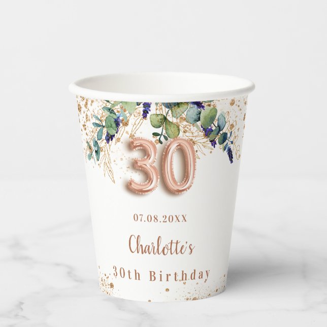 Gobelets En Papier 30e anniversaire eucalyptus parties scintillant de (Recto)