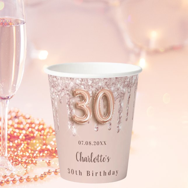 Gobelets En Papier 30e anniversaire rose parties scintillant or goutt (Créateur téléchargé)