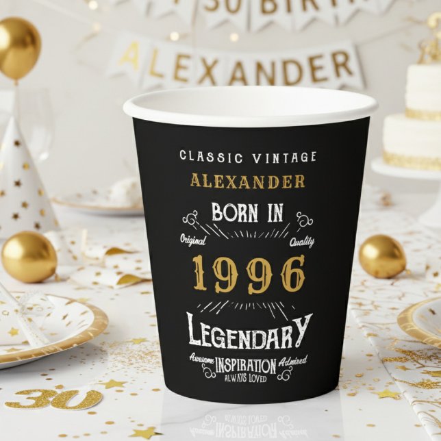 Gobelets En Papier 30th Birthday 1996 Legendary Retro (1996 birthday black paper cup on a white and gold background)