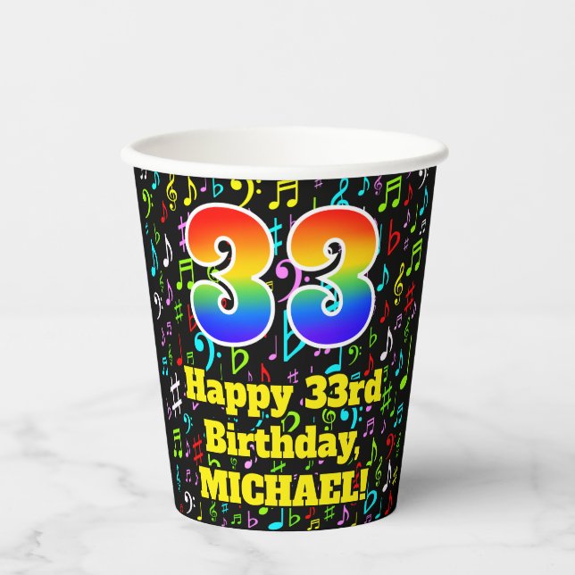 Gobelets En Papier 33e anniversaire : Fun Music Notes Motif, Rainbow  (Recto)