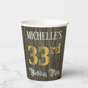 Gobelets En Papier 33e fête d'anniversaire — Faux Gold & Faux Wood Lo