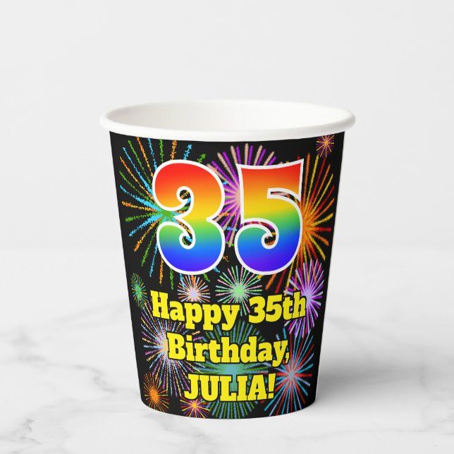 Gobelets En Papier 35ème anniversaire : Fun Fireworks Motif + Rainbow (Verso)