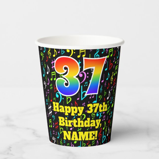 Gobelets En Papier 37e anniversaire : Fun Music Notes Motif, Arc-en-c (Verso)