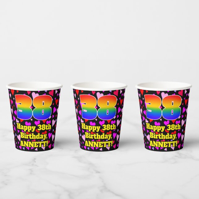 Gobelets En Papier 38e anniversaire : Amour Hearts Motif, Arc-en-ciel (Multi)