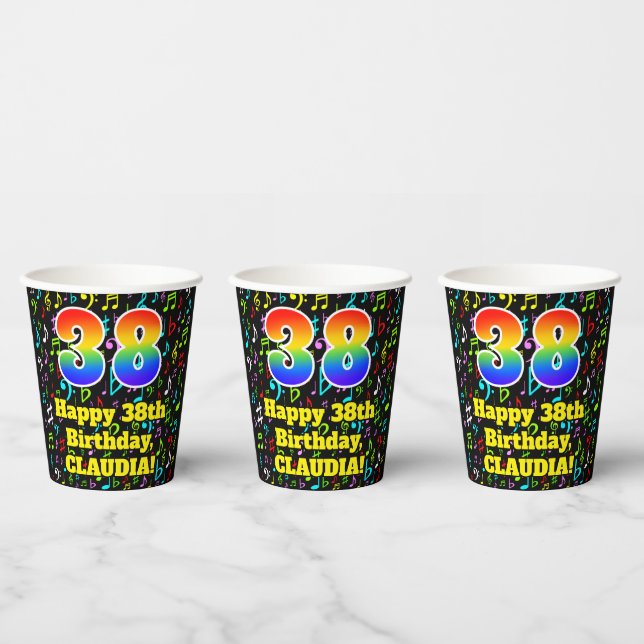 Gobelets En Papier 38e anniversaire : Fun Music Notes Motif, Rainbow  (Multi)