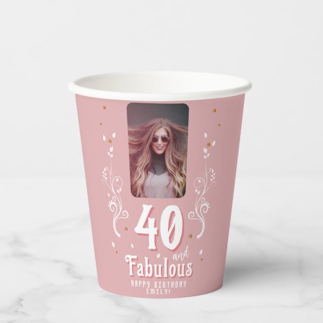 Gobelets En Papier 40 et Fabulous Foliage rose photo 40e anniversaire (Recto)