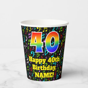 Gobelets En Papier 40e anniversaire : Fun Music Notes Motif, Rainbow 