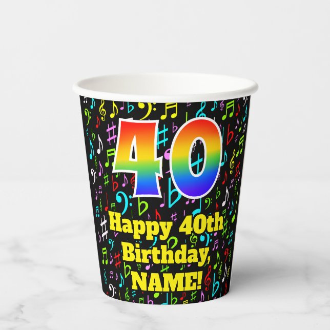 Gobelets En Papier 40e anniversaire : Fun Music Notes Motif, Rainbow  (Verso)