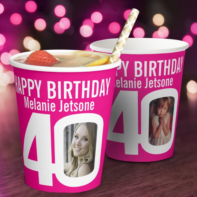 Gobelets En Papier 40e anniversaire sur mesure deux photo rose blanc (Créateur téléchargé)