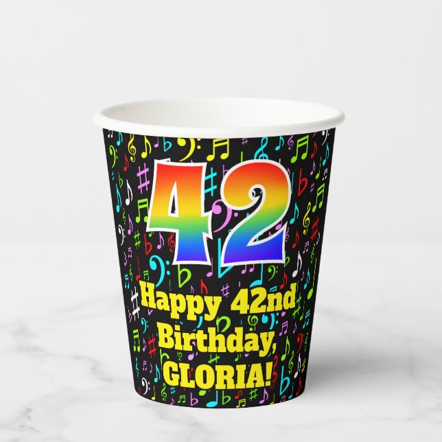 Gobelets En Papier 42e anniversaire : Fun Music Notes Motif, Rainbow  (Recto)