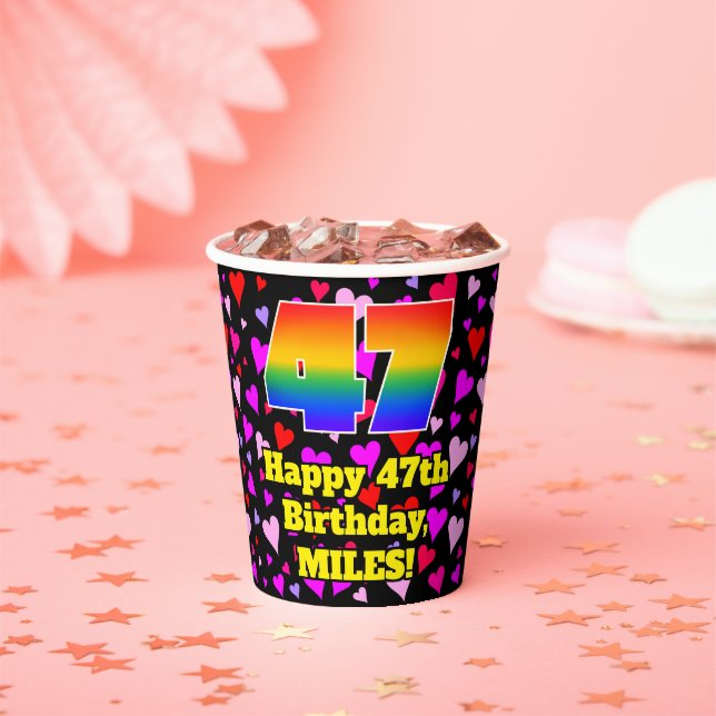 Gobelets En Papier 47e anniversaire : Amour Hearts Motif, Arc-en-ciel (Insitu)