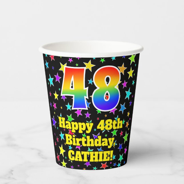 Gobelets En Papier 48e Birthday: Fun Stars Pattern and Rainbow 48 (Recto)