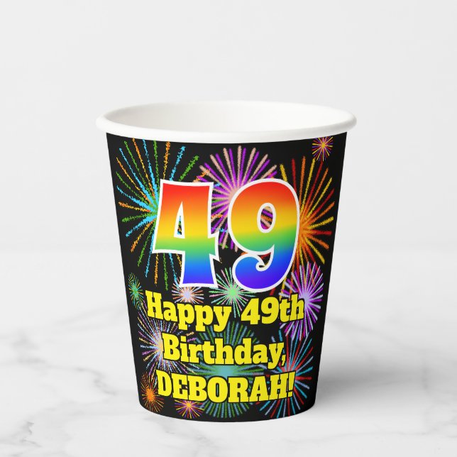 Gobelets En Papier 49ème anniversaire : Fun Fireworks Motif + Rainbow (Recto)