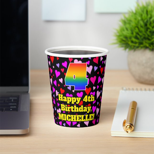 Gobelets En Papier 4e anniversaire : Amour Hearts Motif, Arc-en-ciel  (Insitu)