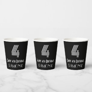 Gobelets En Papier 4e anniversaire — Art Déco Inspiré Look "4" + Nom