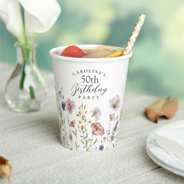 Gobelets En Papier 50e anniversaire Boho Fleur sauvage aquarelle Flor (Insitu)