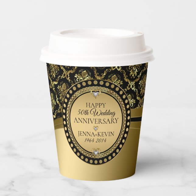 Gobelets En Papier 50E Anniversaire du Mariage Bande de Damas Noir &  (Recto)