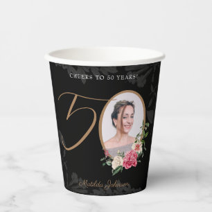 Gobelets En Papier 50e anniversaire Elegant Black Gold Photo personna