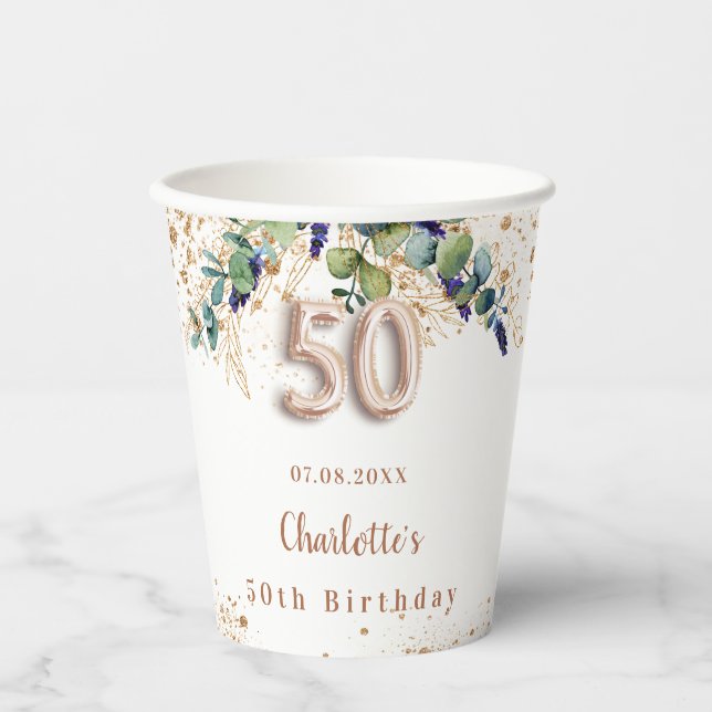 Gobelets En Papier 50e anniversaire eucalyptus vert nom de la parties (Recto)