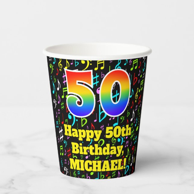 Gobelets En Papier 50e anniversaire : Fun Music Notes Motif, Rainbow  (Verso)