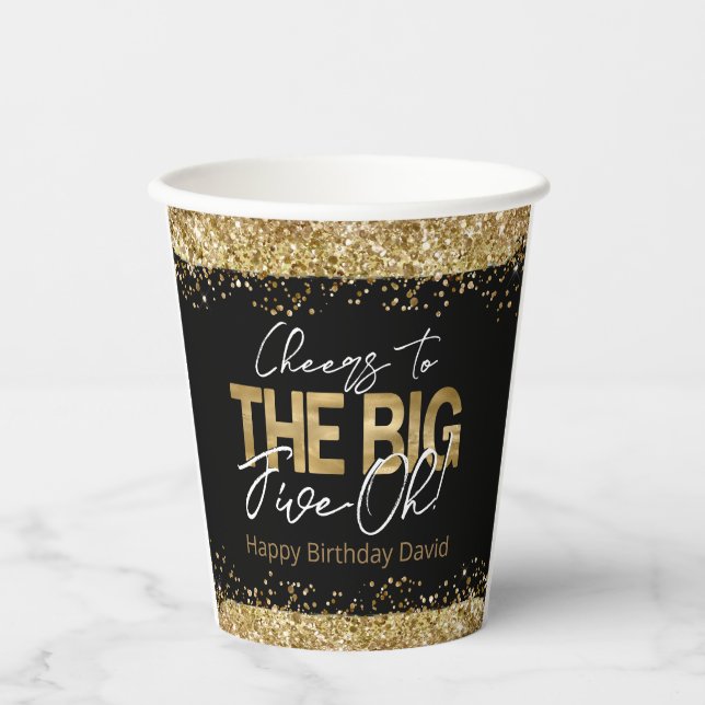 Gobelets En Papier 50e anniversaire Gold et Black Big Five-Oh (Recto)