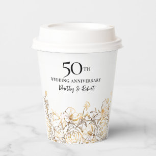 Gobelets En Papier 50e anniversaire Mariage Roses d'or personnalisé N