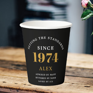 Gobelets En Papier 50e anniversaire Nom 1974 Black Gold Elegant Chic